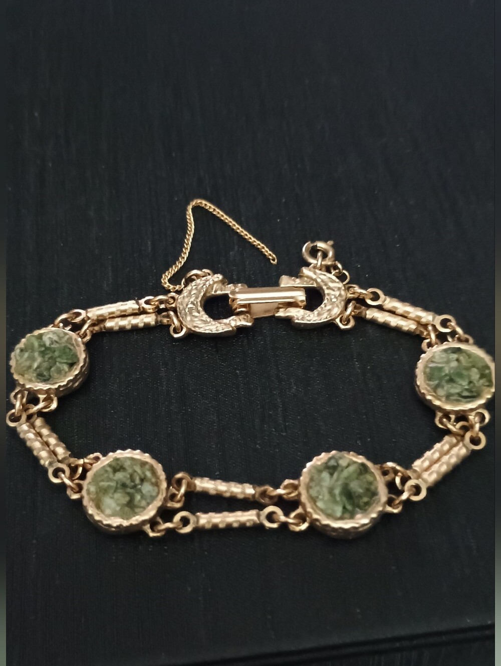 Vintage Gold-Tone Solid Copper Bracelet with Green Gemstones